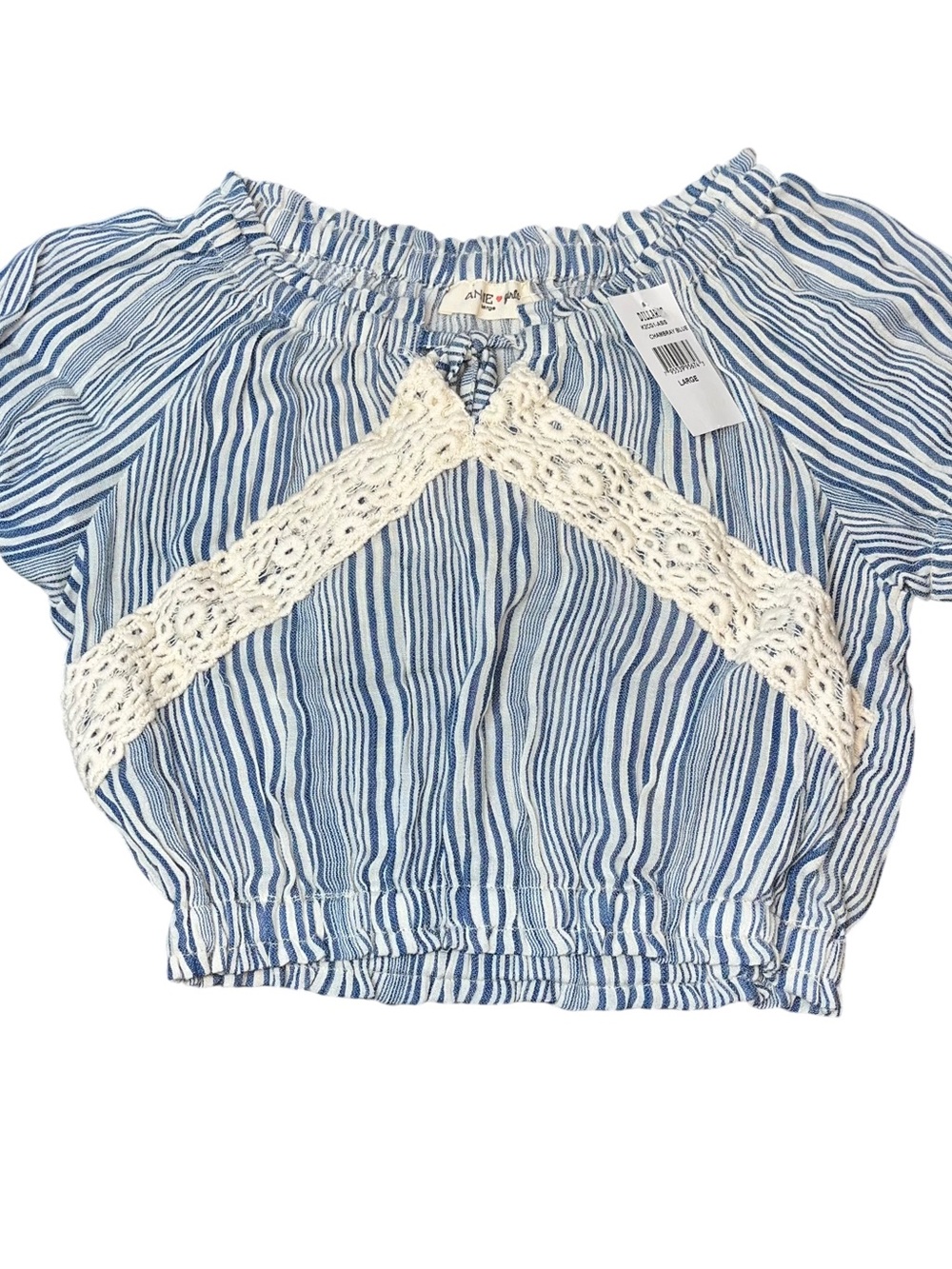 Angie Girls Shirt Crop Fitted Blue White Crochet Lace Striped Tie Large NWT